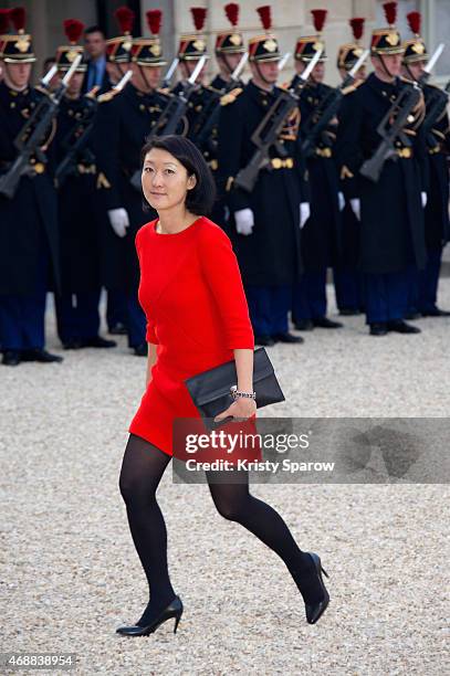 French Culture Minister Fleur Pellerin arrives for a state dinner in honor of the Tunisian President Beji Caid Essebsi on April 7, 2015 at the Elysee...