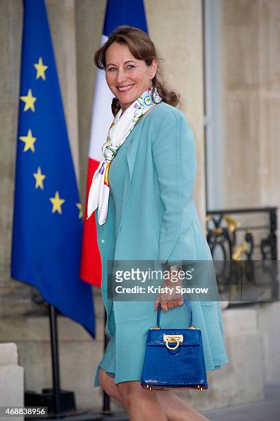 French Ecology Minister Segolene Royal arrives for a state dinner in honor of the Tunisian President Beji Caid Essebsi on April 7, 2015 at the Elysee...