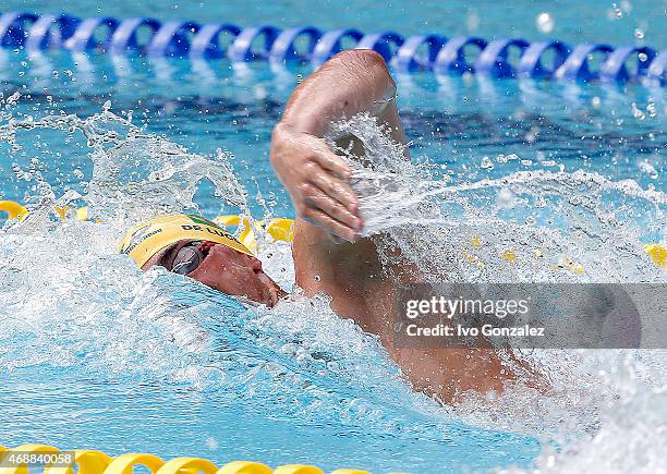 Joao De Lucca competes in the Men's 200m freestyle heats on day one of the Maria Lenk Swimming Trophy 2015 at Fluminense Club April 6, 2015 in Rio de...