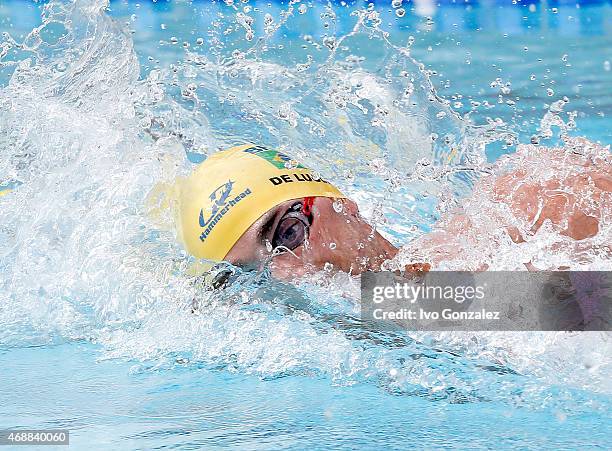 Joao De Lucca competes in the Men's 200m freestyle heats on day one of the Maria Lenk Swimming Trophy 2015 at Fluminense Club April 6, 2015 in Rio de...