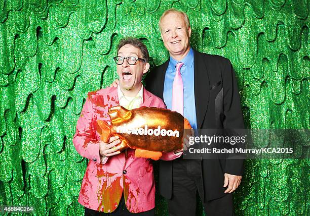 Actors Tom Kenny and Bill Fagerbakke pose backstage at Nickelodeon's 28th Annual Kids' Choice Awards at The Forum on March 28, 2015 in Inglewood,...