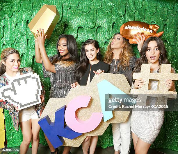 Singers Ally Brooke, Normani Kordei, Lauren Jauregui, Dinah-Jane Hansen and Camila Cabello of Fifth Harmony pose backstage at Nickelodeon's 28th...