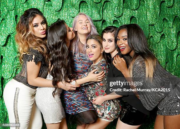 Actress Debby Ryan and singers Dinah-Jane Hansen, Camila Cabello, Ally Brooke, Lauren Jauregui and Normani Kordei of Fifth Harmony pose backstage at...