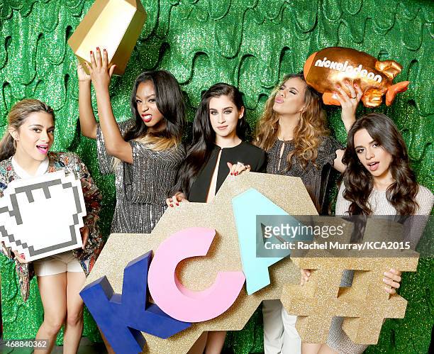 Singers Ally Brooke, Normani Kordei, Lauren Jauregui, Dinah-Jane Hansen and Camila Cabello of Fifth Harmony pose backstage at Nickelodeon's 28th...