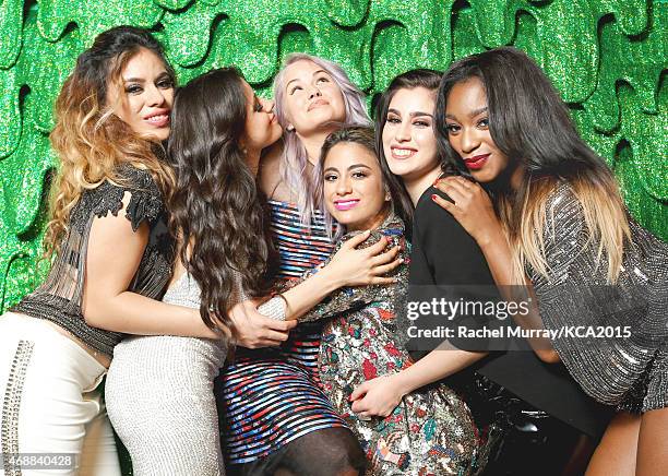 Actress Debby Ryan and singers Dinah-Jane Hansen, Camila Cabello, Ally Brooke, Lauren Jauregui and Normani Kordei of Fifth Harmony pose backstage at...