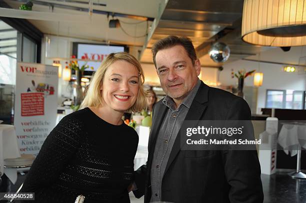 Elke Winkens and Andreas Steppan pose for a photograph during the vormagazin Relaunch Fest at Summerstage on April 7, 2015 in Vienna, Austria.