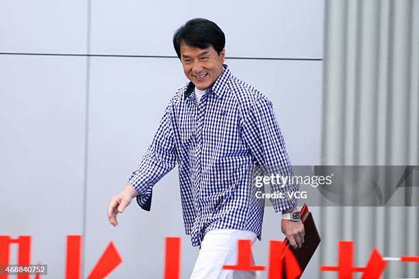 Actor Jackie Chan speaks during the release of his autobiography at Tsinghua University on April 7, 2015 in Beijing, China.