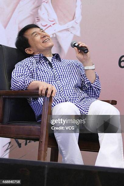 Actor Jackie Chan speaks during the release of his autobiography at Tsinghua University on April 7, 2015 in Beijing, China.