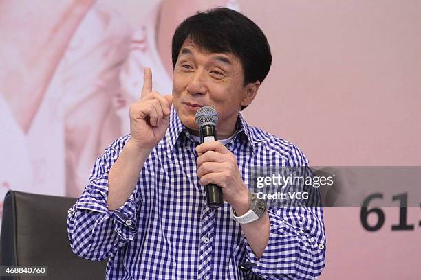 Actor Jackie Chan speaks during the release of his autobiography at Tsinghua University on April 7, 2015 in Beijing, China.