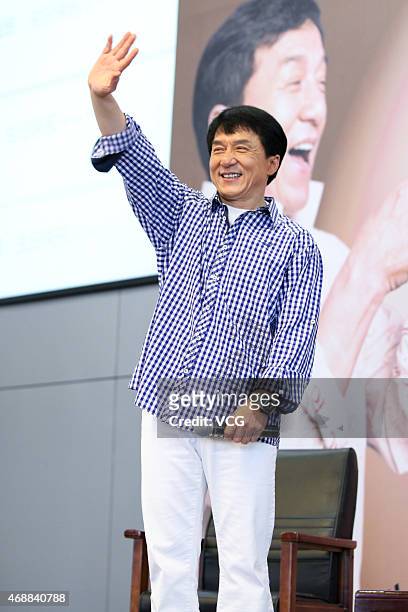 Actor Jackie Chan speaks during the release of his autobiography at Tsinghua University on April 7, 2015 in Beijing, China.