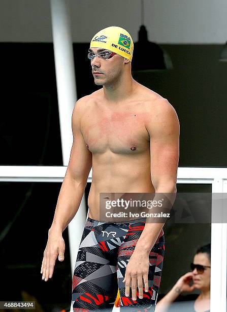 Joao De Lucca prepares to compete in the Men's 200m freestyle heats on day one of the Maria Lenk Swimming Trophy 2015 Aril 6, 2015 at Fluminense...