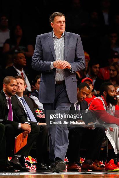 Head coach Kevin McHale of the Houston Rockets in action against the Brooklyn Nets at Barclays Center on January 12, 2015 in the Brooklyn borough of...