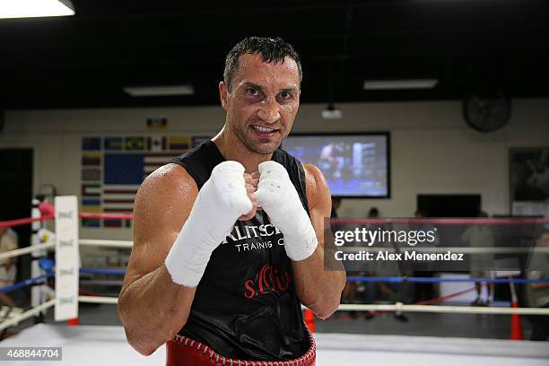 Boxing world champion Wladimir Klitschko works out for the media at the Heavyweight Factory Boxing Gym on April 7, 2015 in Hollywood, Florida....