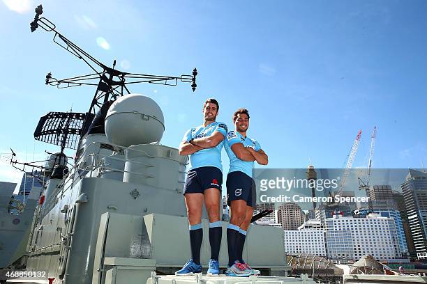 Dave Dennis and Nick Phipps of the Waratahs pose on-board HMAS Vampire during a Waratahs Super Rugby media opportunity at the Australian Maritime...