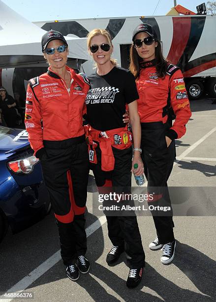 Olympic Swimmer Dara Torres, actress Tricia Helfer and model Donna Feldman participate in press day for Pro/Celebrity Race at Toyota Grand Prix of...