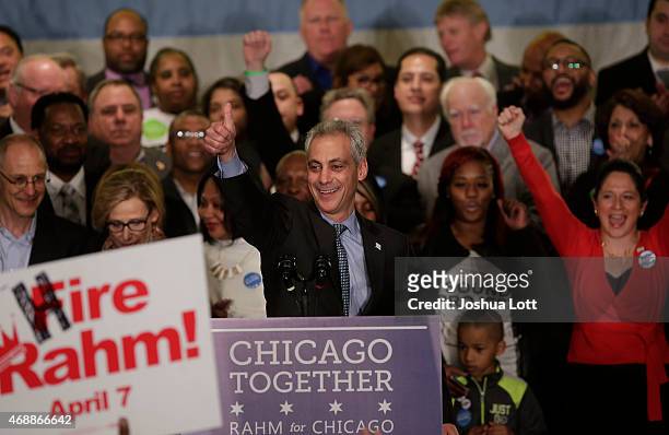 Rahm Emanuel gives the thumbs up during his victory speech after being re-elected Mayor of Chicago at his election night rally April 7, 2015 in...