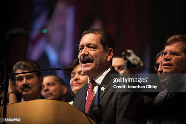 Cook County Commissioner Jesus "Chuy" Garcia gives his concession speech during an election night event at the University of Illinois at Chicago UIC...