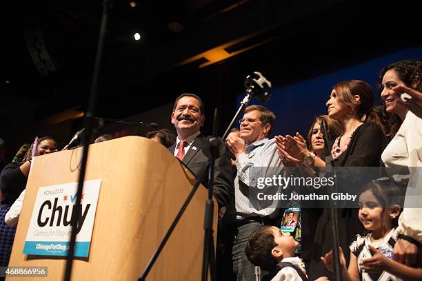 Cook County Commissioner Jesus "Chuy" Garcia gives his concession speech during an election night event at the University of Illinois at Chicago UIC...