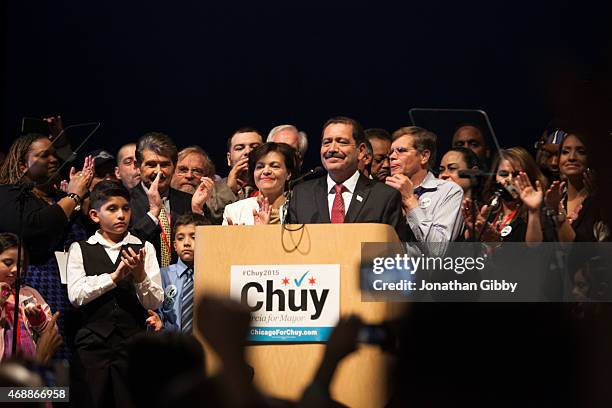 Cook County Commissioner Jesus "Chuy" Garcia gives his concession speech during an election night event at the University of Illinois at Chicago UIC...