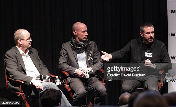 Moderator Steve Pond, Director Richard Rowley and Writer Jeremy Scahill attend The Wrap screening series presents "Dirty Wars" with Director Richard...
