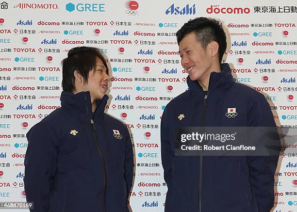Snowboard Men's Halfpipe silver medalist Ayumu Hirano and bronze medalist Taku Hiraoka pose for photographs during the Japanese medalists press...