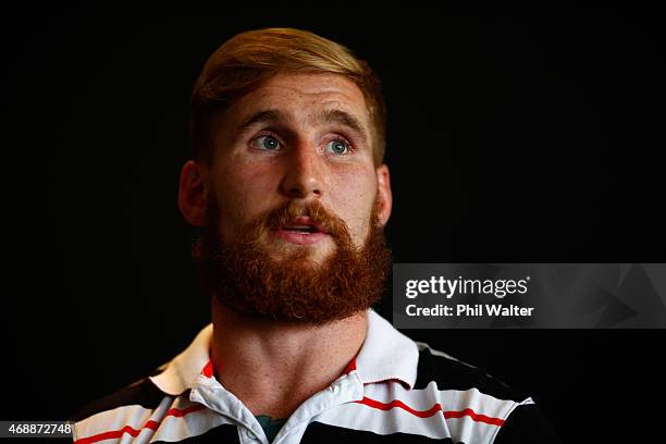 Sam Tomkins of the Warriors speaks to the media during a New Zealand Warriors NRL press conference at Mt Smart Stadium on April 8, 2015 in Auckland,...