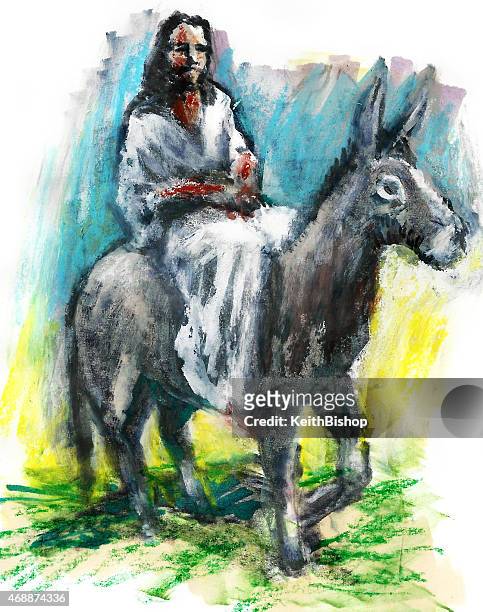 jesus christ on donkey - palm sunday - palm sunday stock illustrations