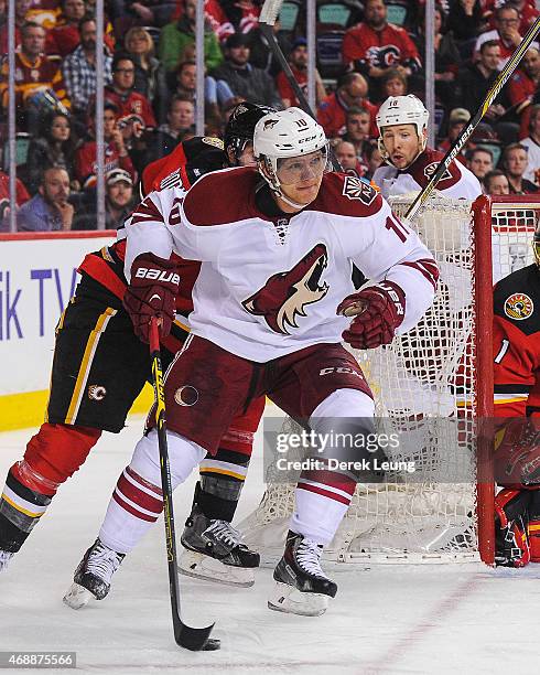 Martin Erat of the Arizona Coyotes skates against the Calgary Flames during an NHL game at Scotiabank Saddledome on April 7, 2015 in Calgary,...