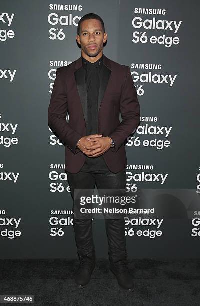 Victor Cruz arrives on the red carpet at the Samsung Galaxy S 6 edge launch in New York City on April 7, 2015 in New York City.