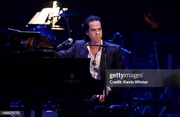 Musician Nick Cave performs onstage during The David Lynch Foundation's DLF Live Celebration of the 60th Anniversary of Allen Ginsberg's "HOWL" with...