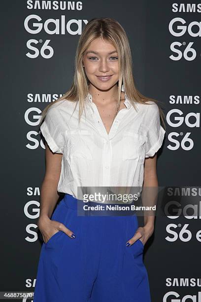 Gigi Hadid arrives on the red carpet at the Samsung Galaxy S 6 edge launch in New York City on April 7, 2015 in New York City.