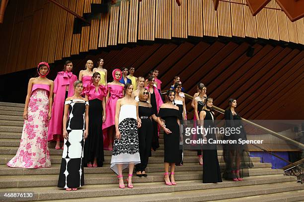 Designer Carla Zampatti poses with models showcasing designs by Carla Zampatti during her 50th anniversary show at Sydney Opera House on April 8,...