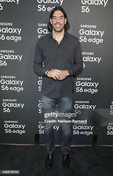 Lusis Scola arrives on the red carpet at the Samsung Galaxy S 6 edge launch in New York City on April 7, 2015 in New York City.