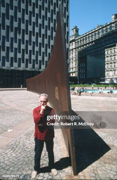 Portrait of the American sculptor Richard Serra, in front of his piece 'Tilted Arc,' prior to its removal, at Federal Plaza, New York, New York, May...