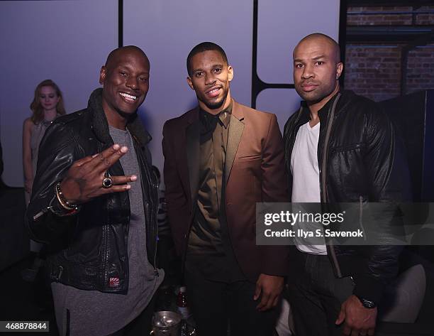 Tyrese Gibson, Victor Cruz and Derek Fish attend the Samsung Launch of the Galaxy S 6 and Galaxy S 6 edge on April 7, 2015 in New York City.