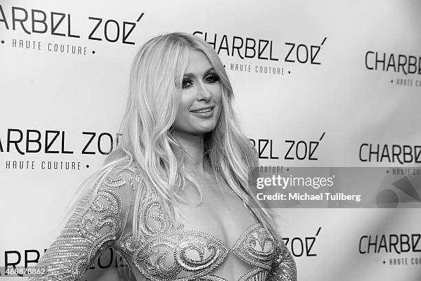 Paris Hilton attends the launch party of designer Charbel Zoe's new Los Angeles flagship store at Charbel Zoe Haute Couture Store on April 7, 2015 in...