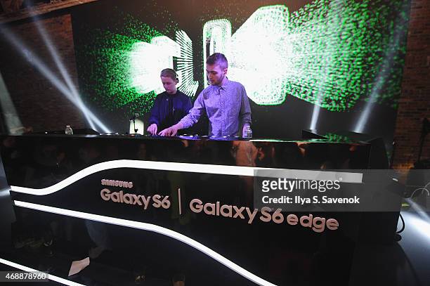 Howard Lawrence and Guy Lawrence of Disclosure perform at the Samsung Galaxy S 6 edge launch on April 7, 2015 in New York City.