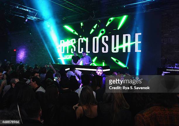 Howard Lawrence and Guy Lawrence of Disclosure perform at the Samsung Galaxy S 6 edge launch on April 7, 2015 in New York City.