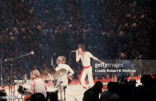 The Rolling stones in concert , New York, New York, July 26, 1972. Pictured, from left, are Charlie Watts, Keith Richards, and Mick Jagger, along...