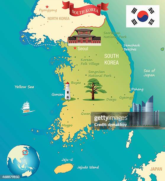 cartoon karte von südkorea - yellow sea stock-grafiken, -clipart, -cartoons und -symbole