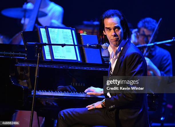 Musician Nick Cave performs onstage during The David Lynch Foundation's DLF Live Celebration of the 60th Anniversary of Allen Ginsberg's "HOWL" with...