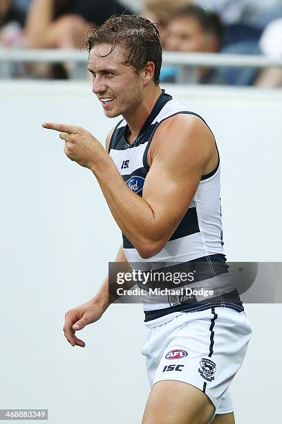 Mitch Duncan of the Cats celebrates a goal during the round one AFL NAB Cup match between the Geelong Cats and the Collingwood Magpies at Simonds...