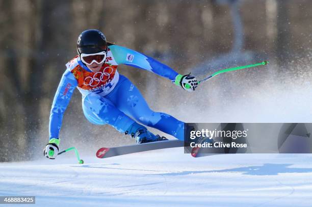 Tina Maze of Slovenia skis during the Alpine Skiing Women's Downhill on day 5 of the Sochi 2014 Winter Olympics at Rosa Khutor Alpine Center on...