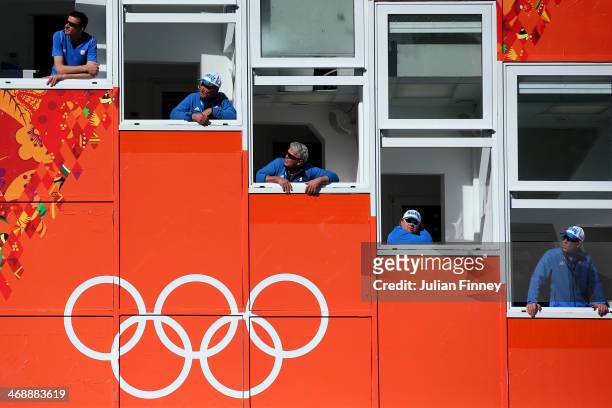 Judges look on during the Nordic Combined Individual Gundersen Normal Hill and 10km Cross Country on day 5 of the Sochi 2014 Winter Olympics at the...