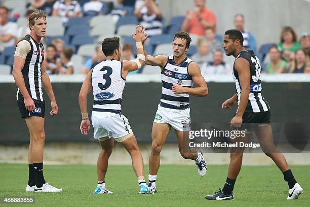 George Burbury of the Cats celebrates a goal with Jimmy Bartel during the round one AFL NAB Cup match between the Geelong Cats and the Collingwood...