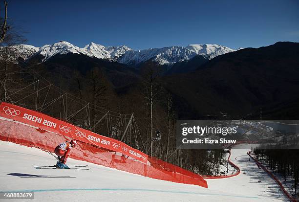 Dominique Gisin of Switzerland skis during the Alpine Skiing Women's Downhill on day 5 of the Sochi 2014 Winter Olympics at Rosa Khutor Alpine Center...