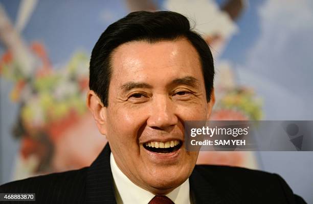 Taiwan President Ma Ying-jeou smiles as he speaks to members of the Taiwan Foreign Correspondent Club in Taipei on April 8, 2015. Taiwan's embattled...