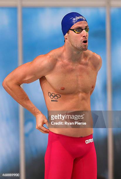 James Magnussen of Australia prepares for the Men's 50m Freestyle Semi Final during day six of the Australian National Swimming Championships at...