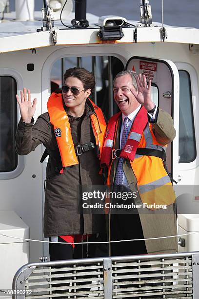 United Kingdom Independence Party leader Nigel Farage and reality tv star Joey Essex on board the Grimsby pilot boat during campaigning on April 8,...