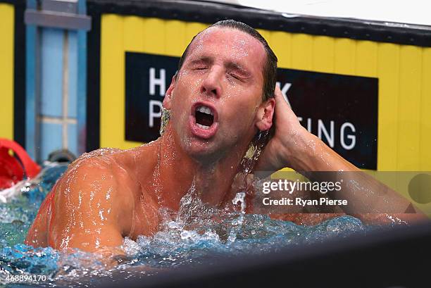 Grant Hackett of Australia reacts after the Men's 4x200m Freestyle Relay Final during day six of the Australian National Swimming Championships at...